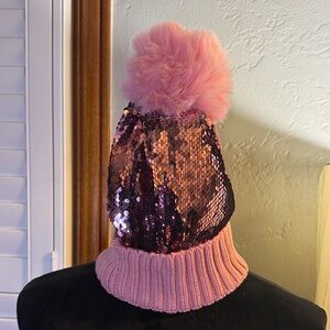 Pink Sequin Beanie with Pom Pom